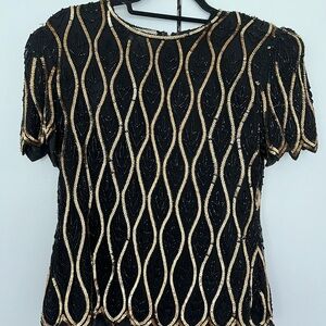 Vintage‎ Black Gold Sequin Top 80s Glam Party Holiday Beaded Blouse Petite PM